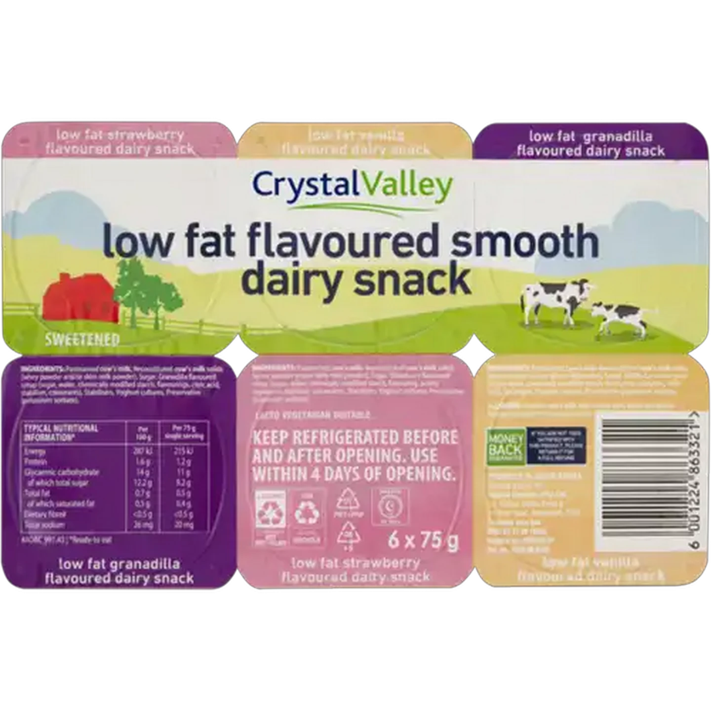 Image of Crystal Valley Assorted Smooth Low Fat Flavoured Dairy Snack 6 x 75g