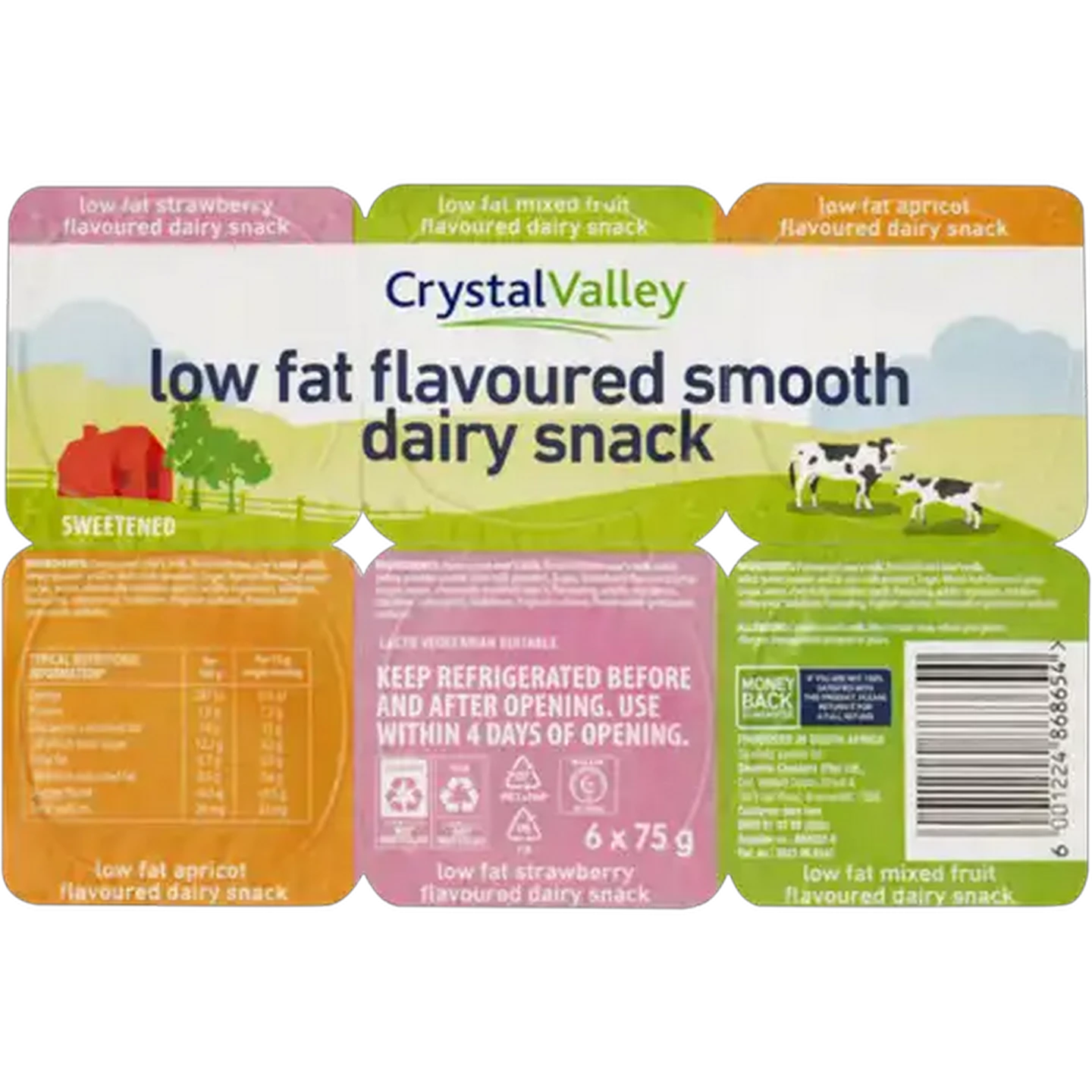 Image of Crystal Valley Assorted Smooth Low Fat Flavoured Dairy Snack 6 x 75g