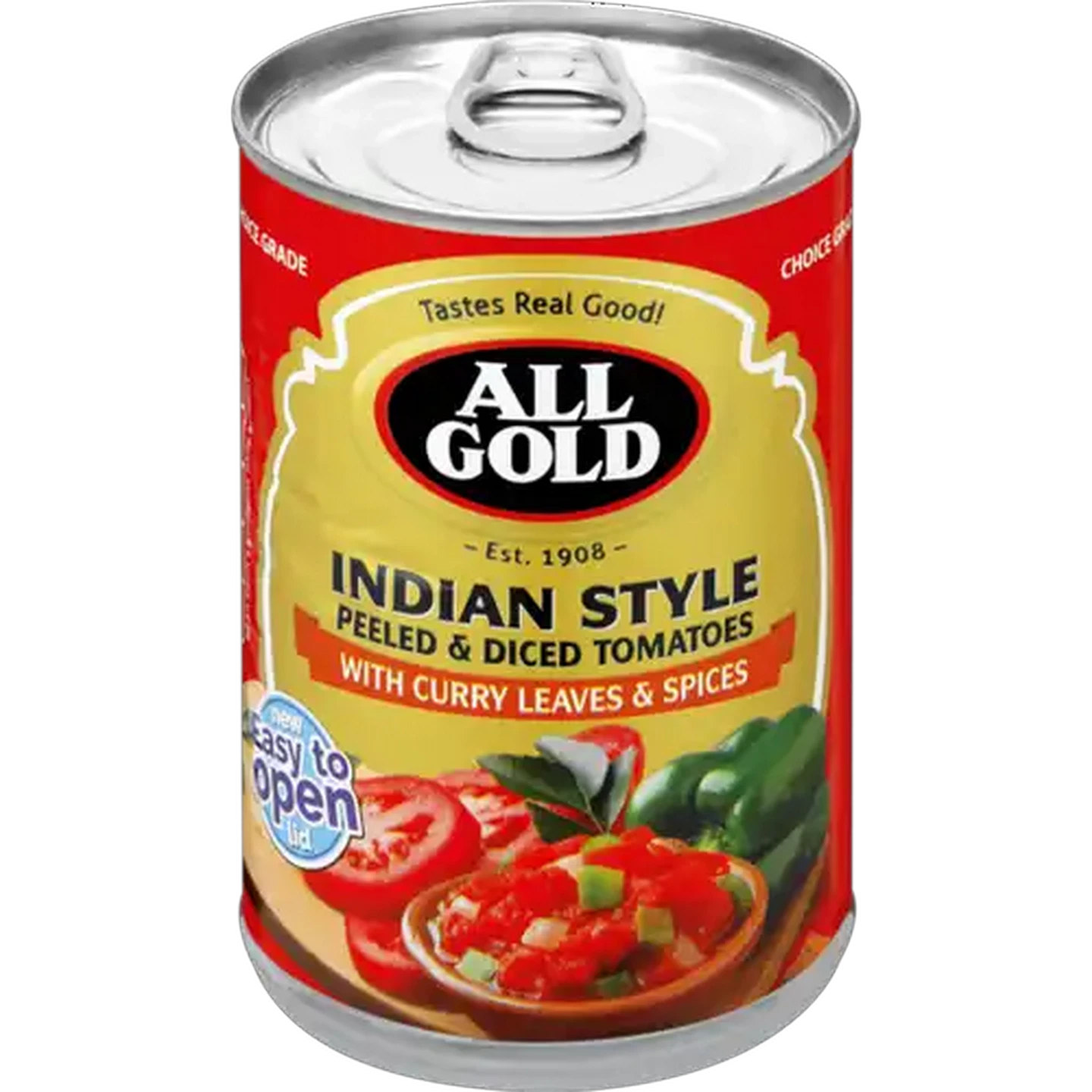 Image of ALL GOLD Indian Style Peeled & Diced Tomatoes With Curry Leaves & Spices 410g