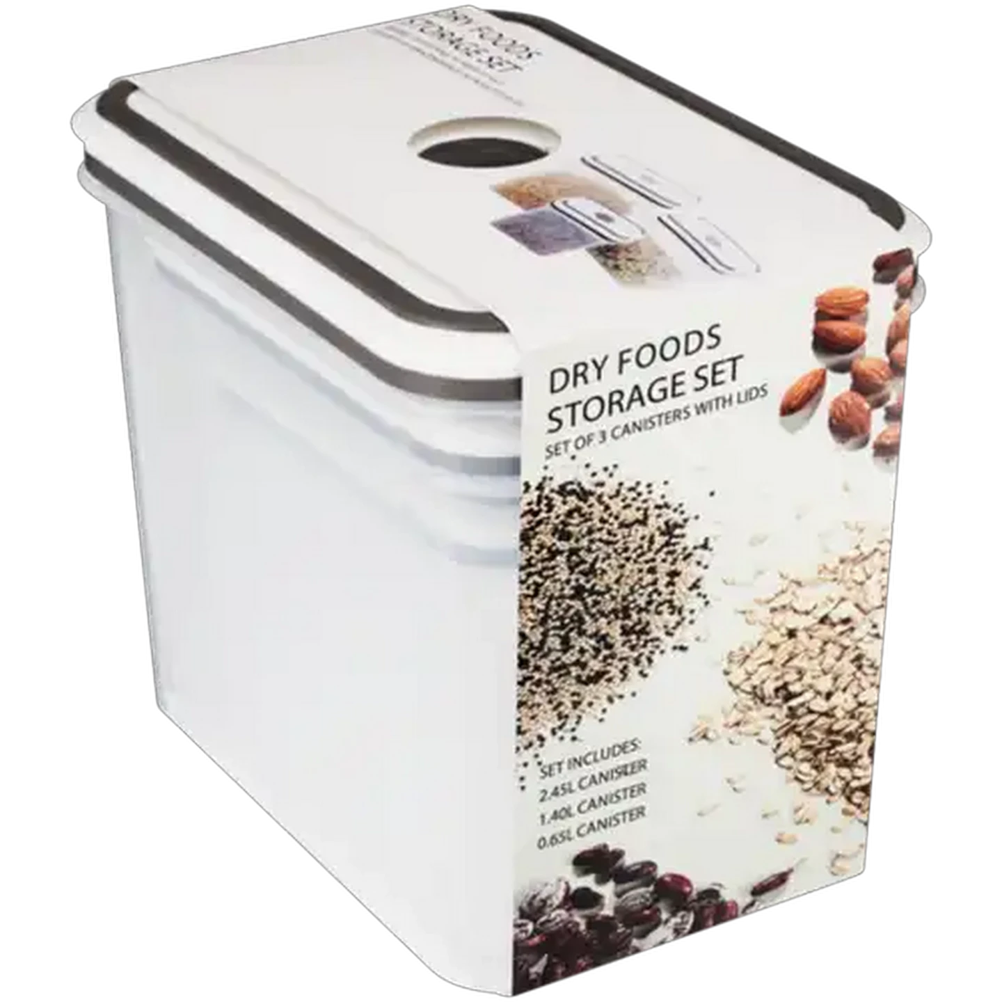 Image of Plastic Grey & White Dry Food Storage Container Set 3 Piece