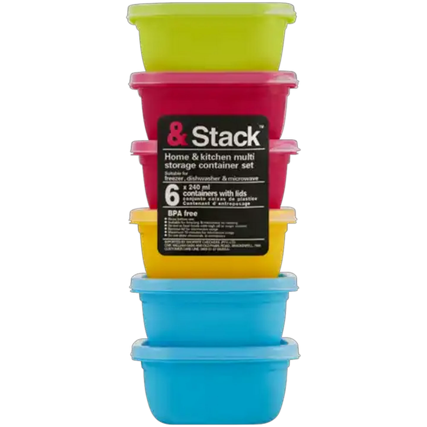 Image of &Stack Plastic Multicoloured Square Storage Container Set 240ml 6-Piece