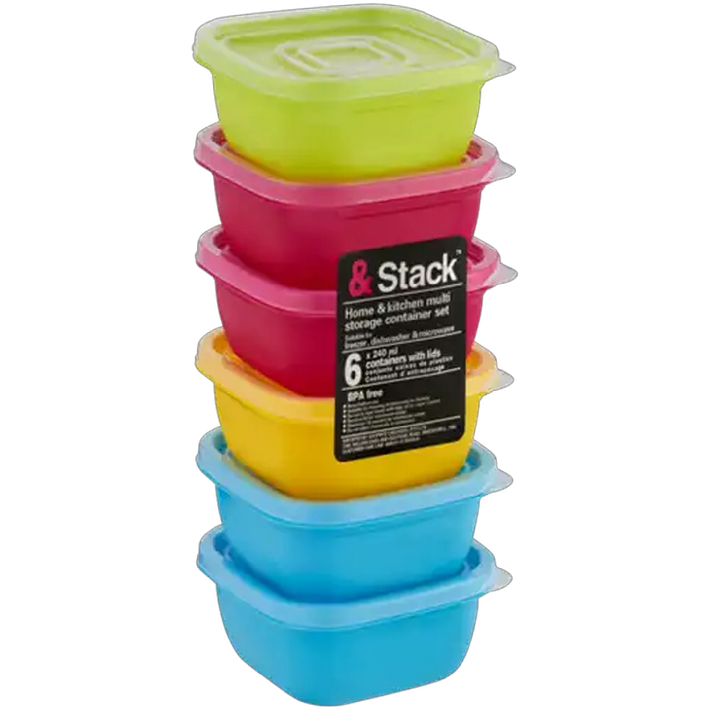 Image of &Stack Plastic Multicoloured Square Storage Container Set 240ml 6-Piece