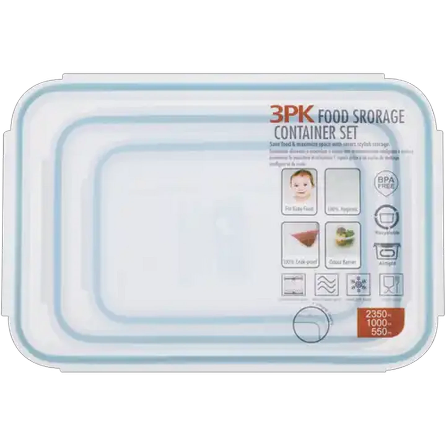Image of Plastic Clip Lock Rectangular Food Storage Container Set 3-Piece