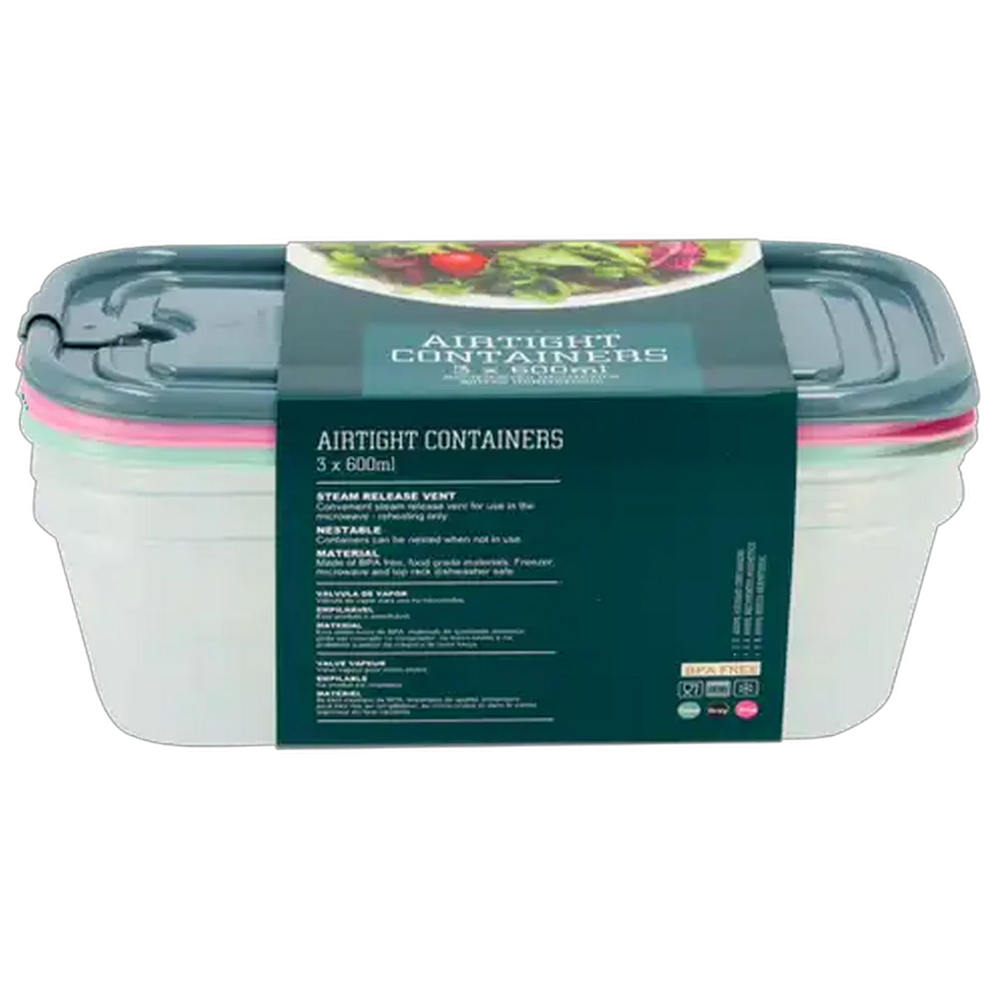 Image of Home Discovery Airtight Rectangular Container Set 3 x 600ml