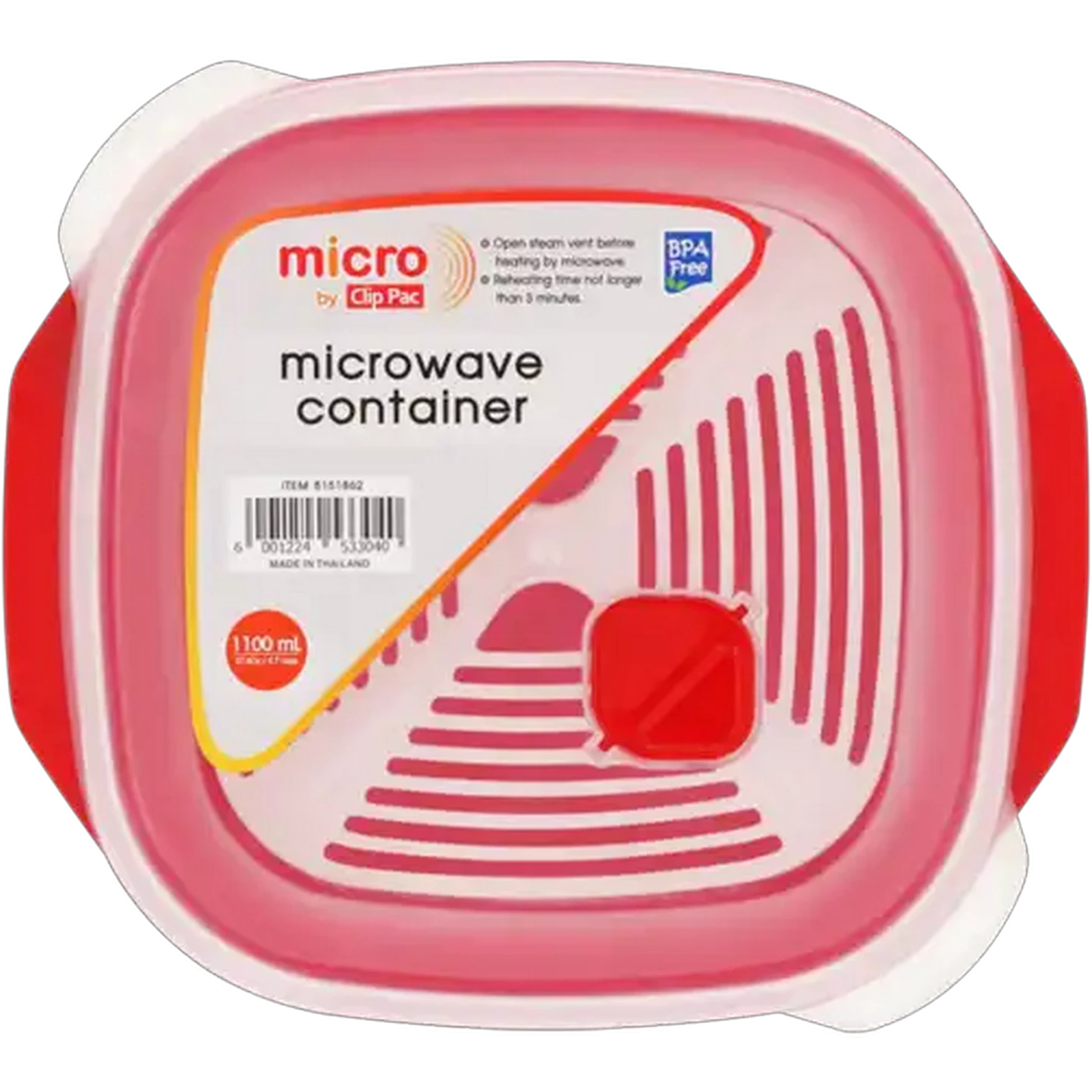 Image of Clip Pac Red Micro Square Microwave Container 1.1L
