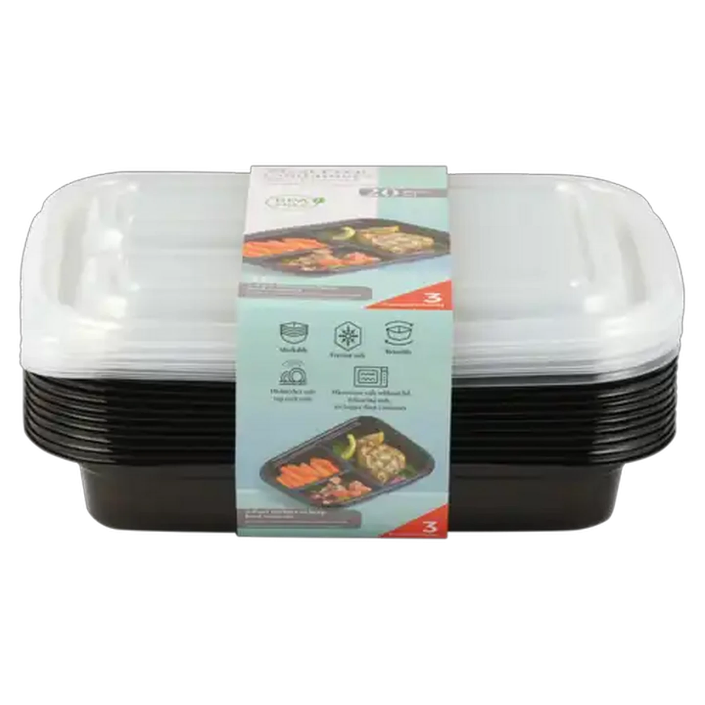 Image of Black Plastic 3-Division Meal Prep Container Set 1L 20-Piece