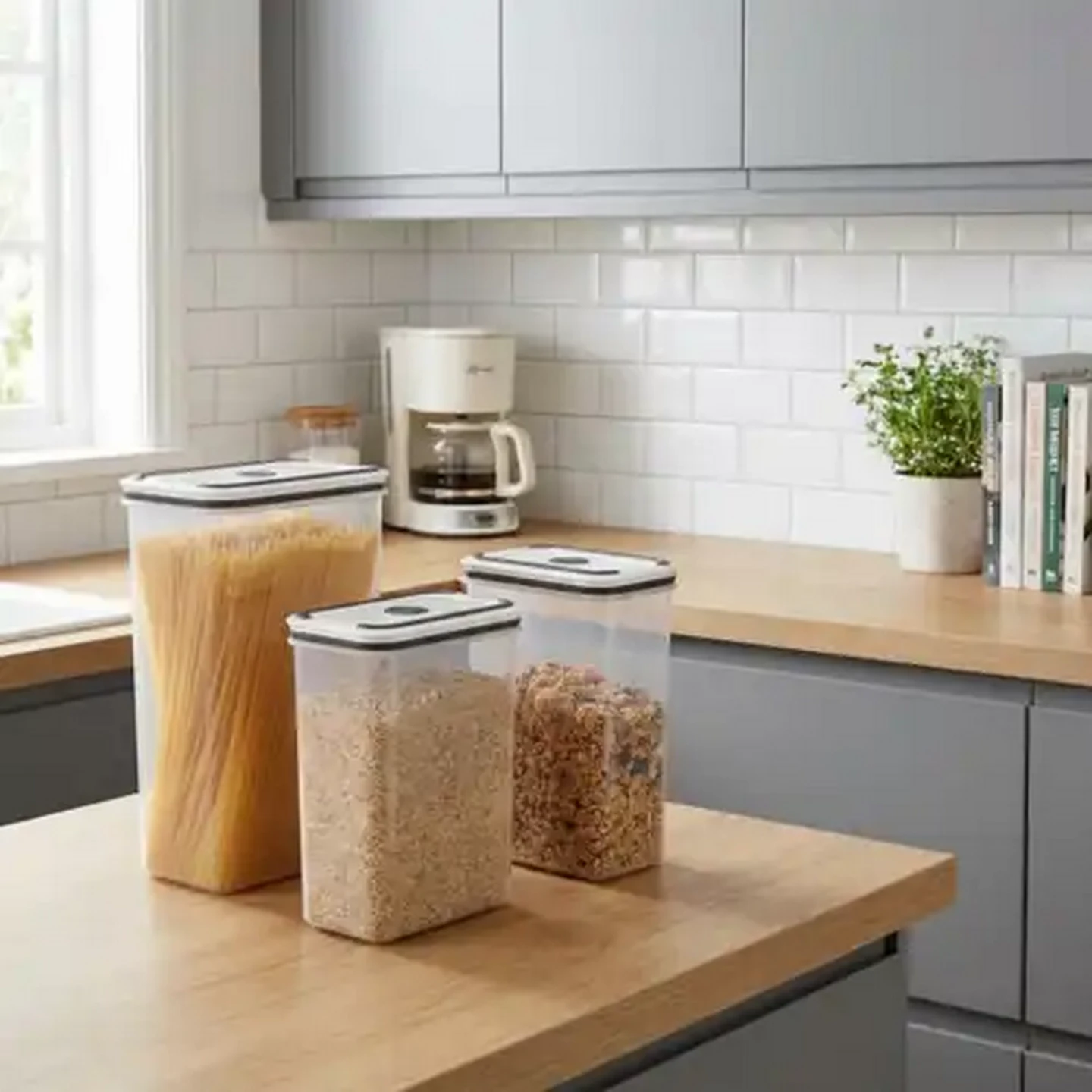 Image of Plastic Grey & White Dry Food Storage Canister Set 3 Piece