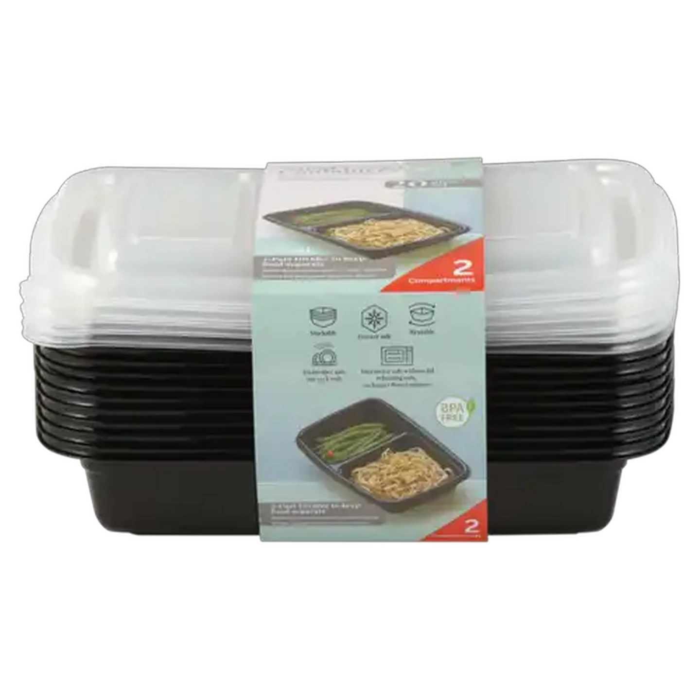 Image of Plastic Black 2-Division Meal Prep Container Set 20 Piece