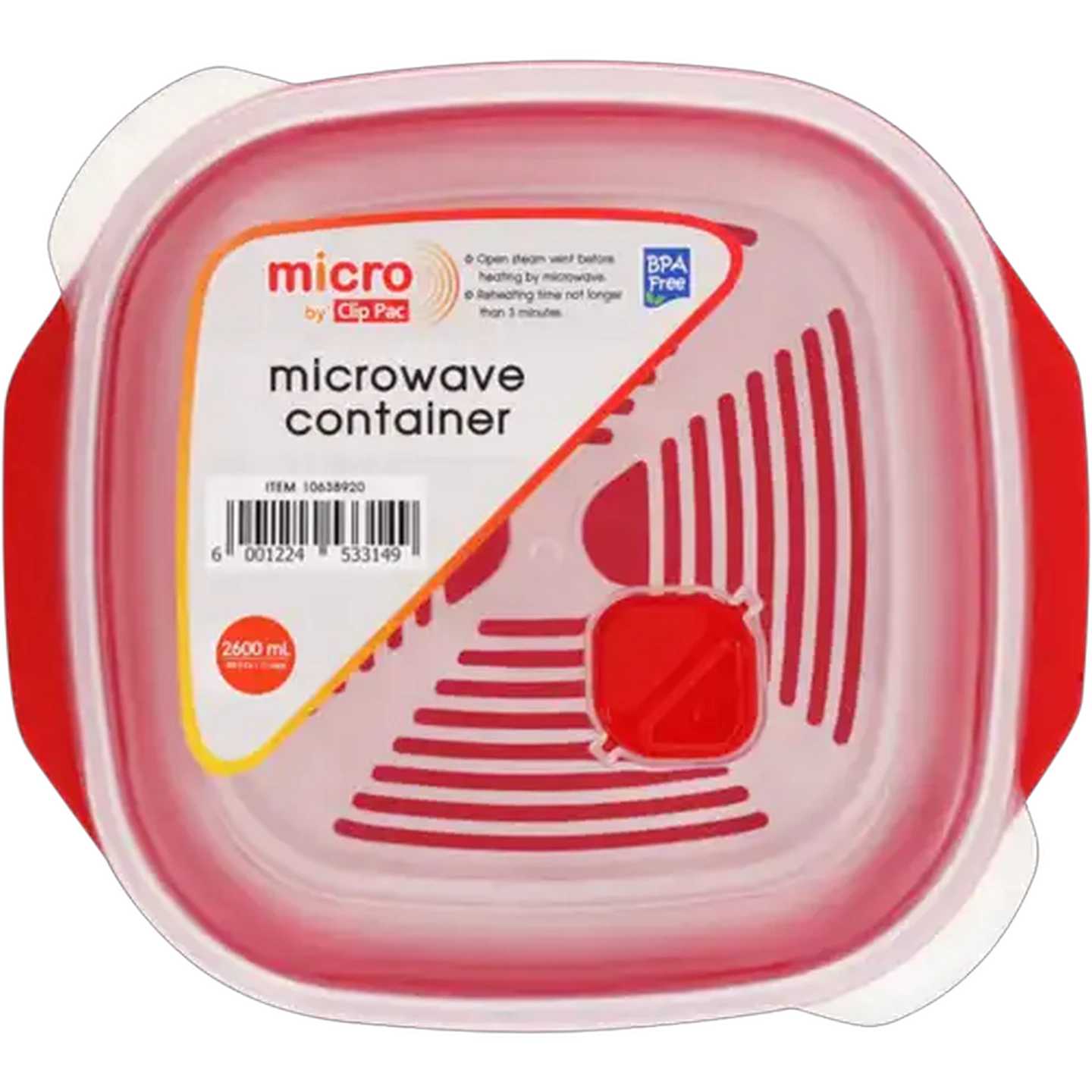 Image of Clip Pac Red Micro Square Microwave Container 2.6L