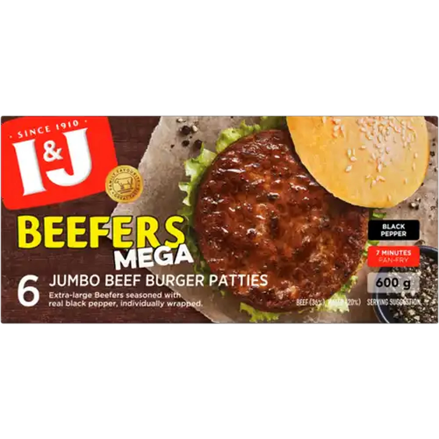 Image of I&J Frozen Beefers Mega Black Pepper Jumbo Beef Patties 600g