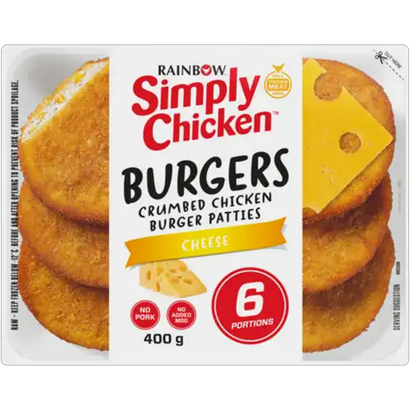 Image of RAINBOW Simply Chicken Frozen Crumbed Cheese Chicken Burger Patties 400g