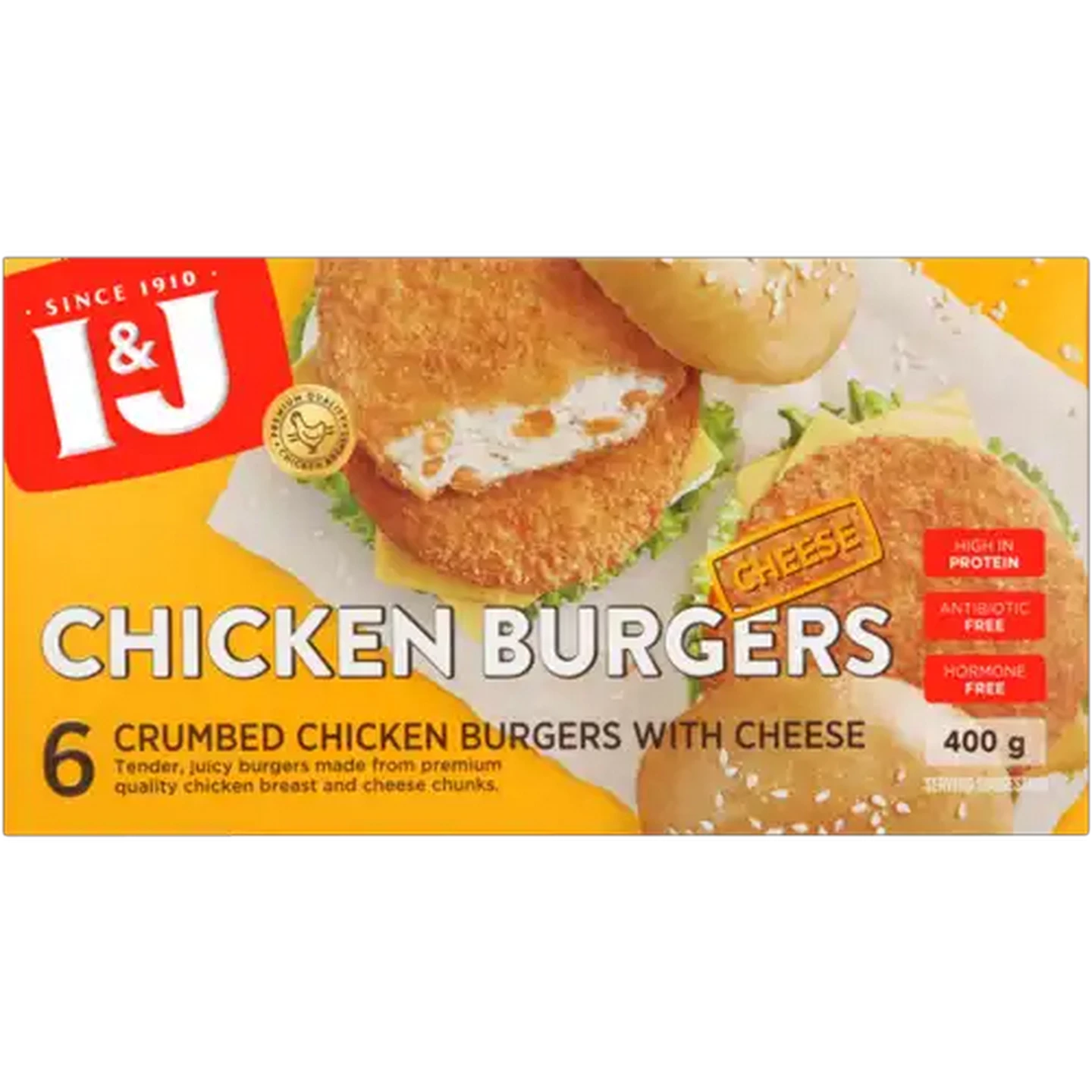 Image of I&J Frozen Crumbed Chicken Breast Burgers With Cheese 400g