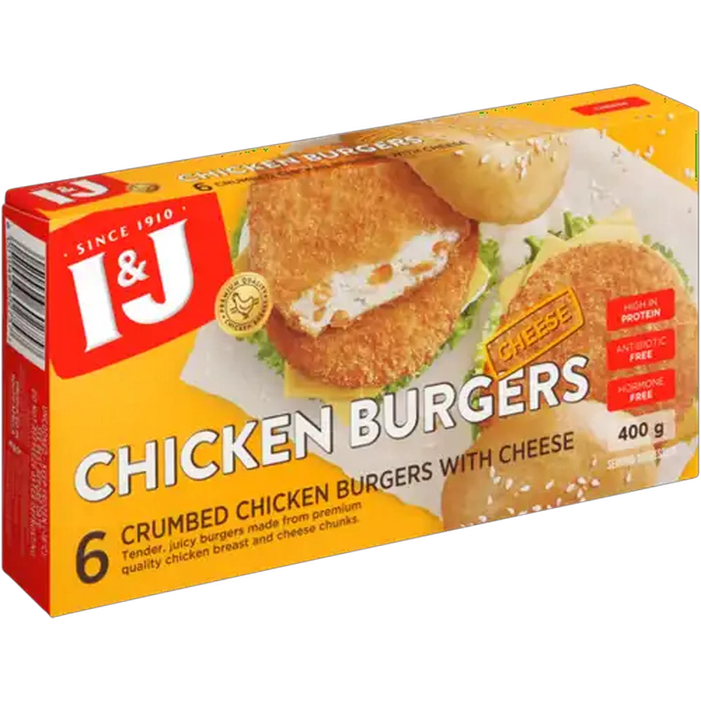 Image of I&J Frozen Crumbed Chicken Breast Burgers With Cheese 400g