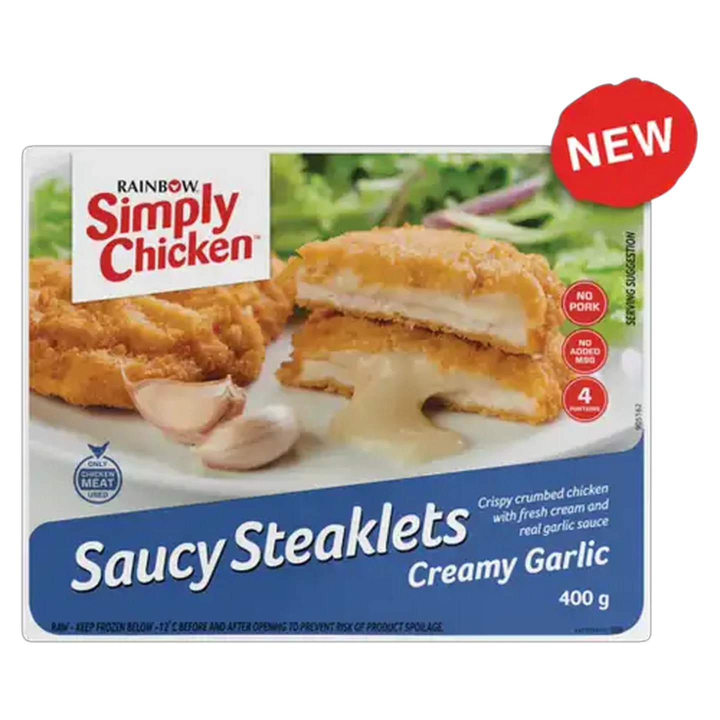 Image of RAINBOW Simply Chicken Frozen Saucy Steaklets Creamy Garlic 400g
