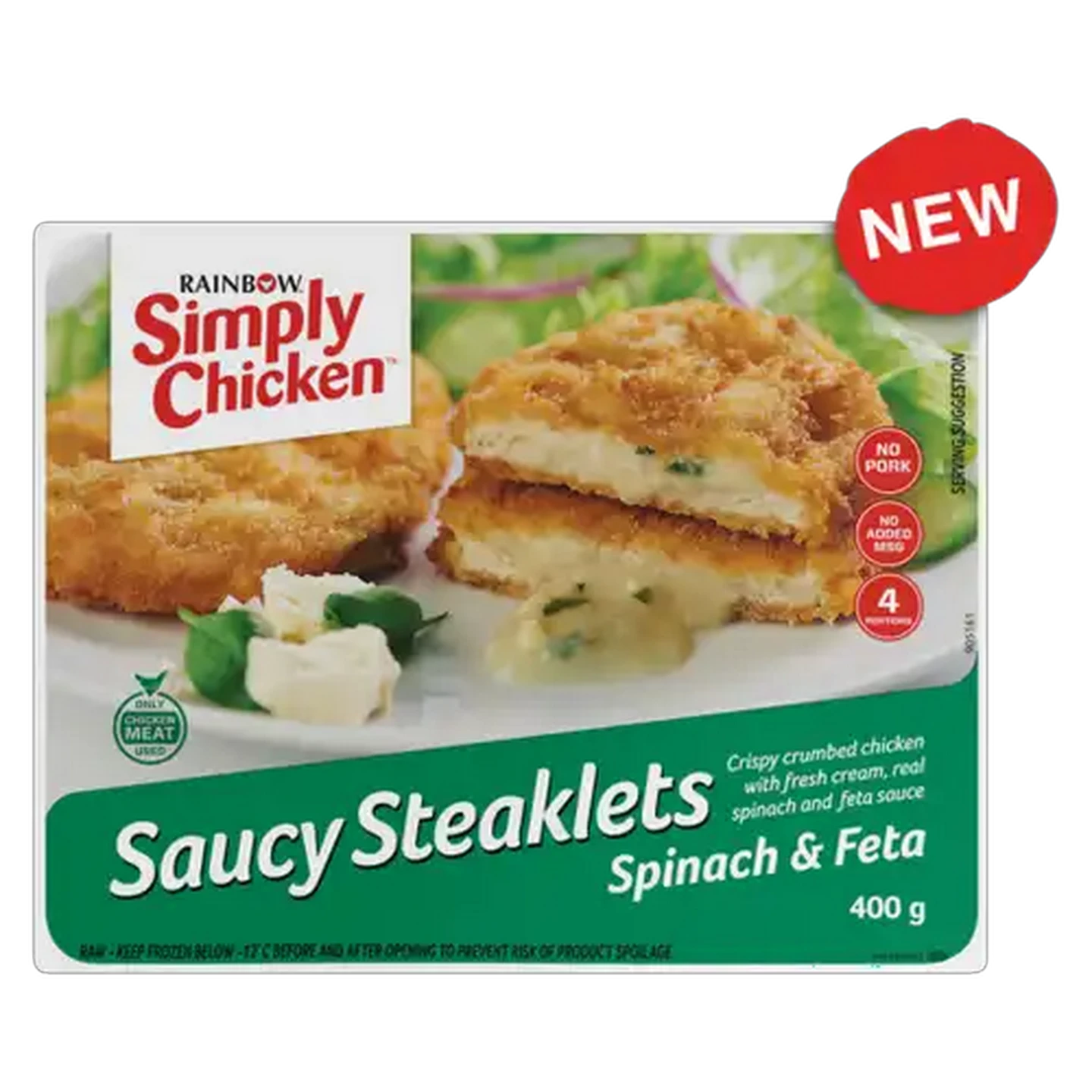 Image of RAINBOW Simply Chicken Frozen Saucy Steaklets Spinach & Feta 400g