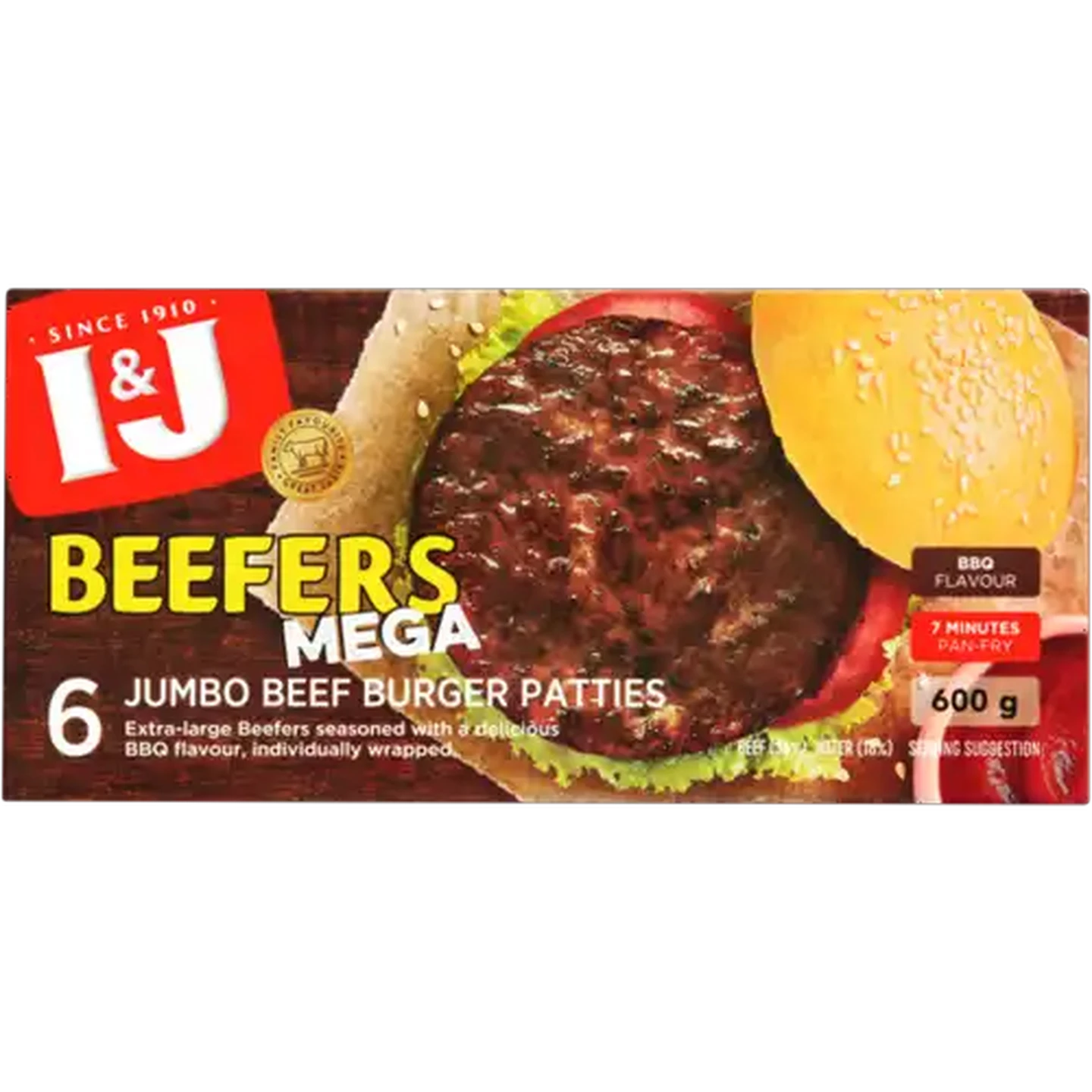 Image of I&J Frozen Beefers Mega Smokey BBQ Flavoured Jumbo Beef Patties 600g