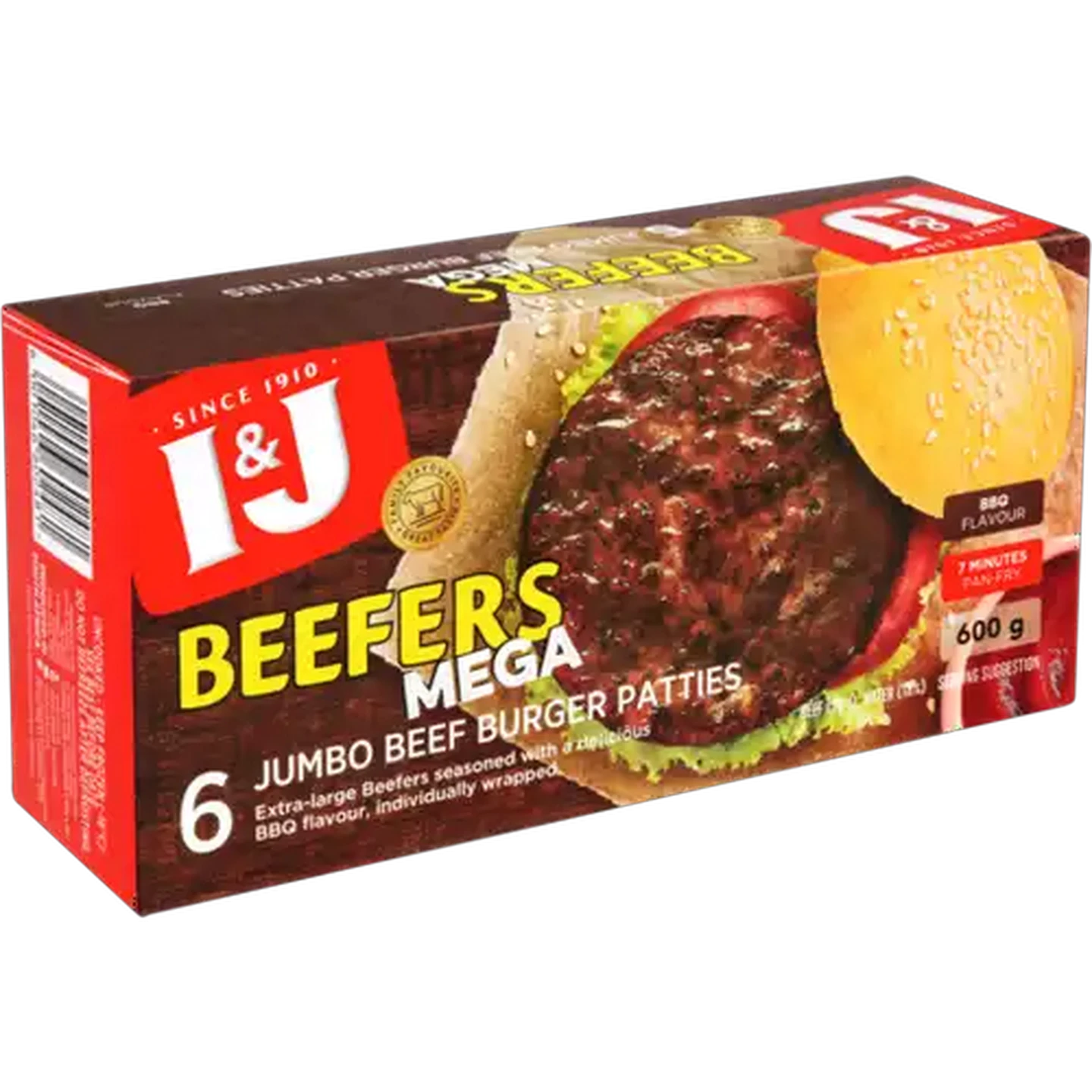 Image of I&J Frozen Beefers Mega Smokey BBQ Flavoured Jumbo Beef Patties 600g