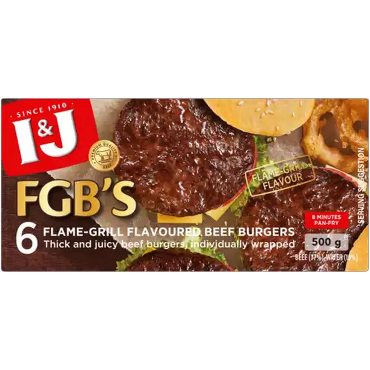 Image of I&J FGB's Frozen Flame-Grill Flavoured Beef Burgers 500g