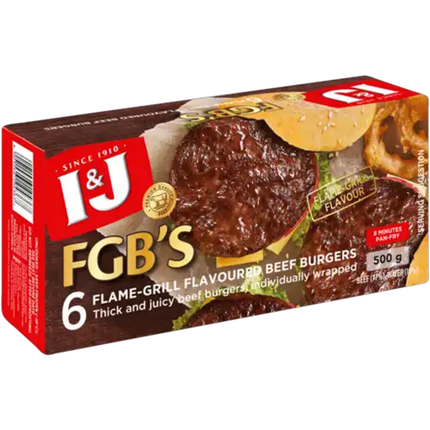 Image of I&J FGB's Frozen Flame-Grill Flavoured Beef Burgers 500g