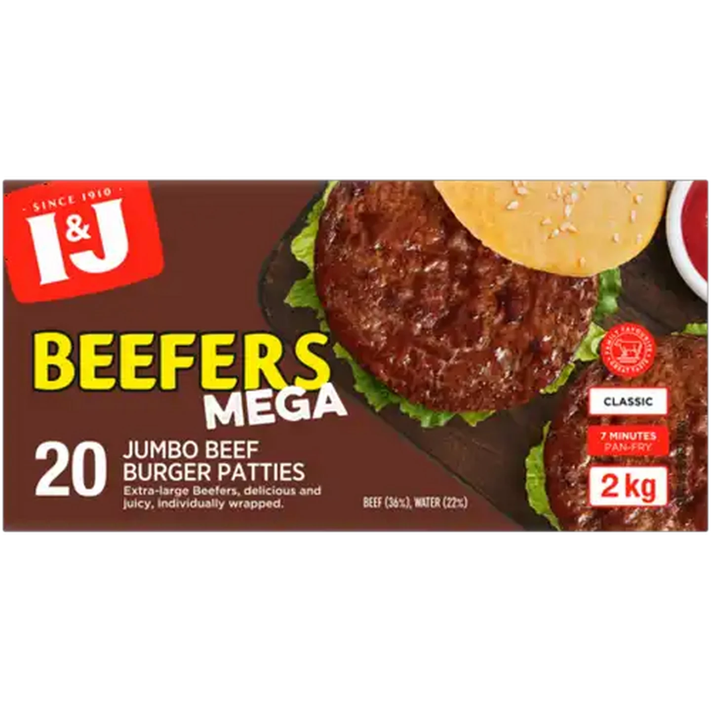 Image of I&J Frozen Beefers Mega Classic Beef Patties 2kg