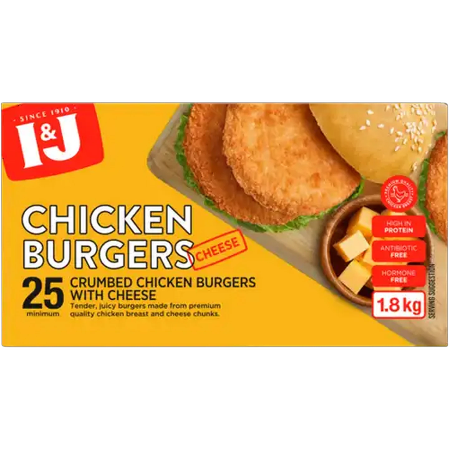 Image of I&J Frozen Crumbed Chicken Burgers With Cheese Box 1.8kg