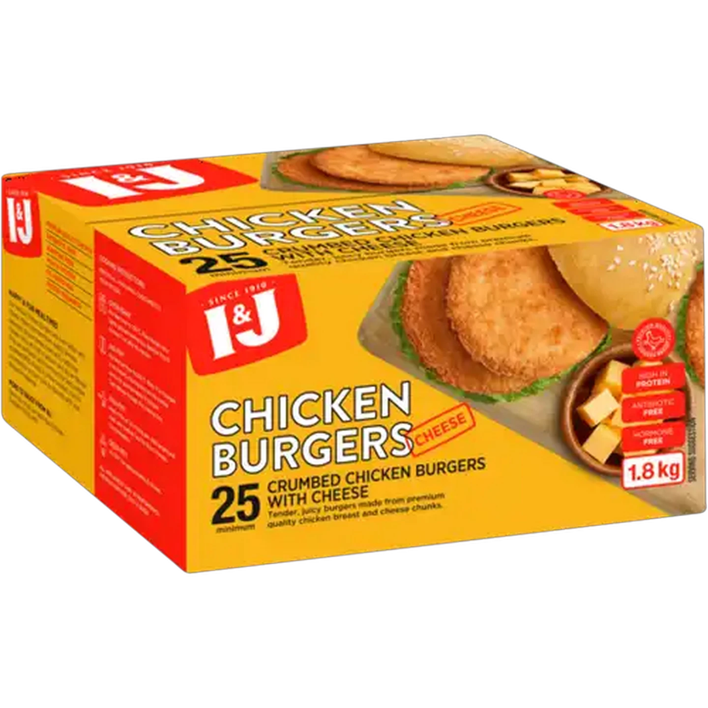 Image of I&J Frozen Crumbed Chicken Burgers With Cheese Box 1.8kg