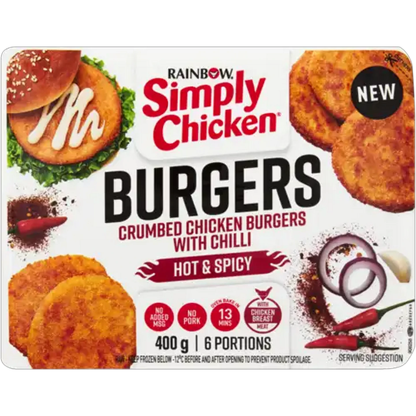 Image of RAINBOW Simply Chicken Frozen Hot & Spicy Crumbed Chicken Burgers 400g