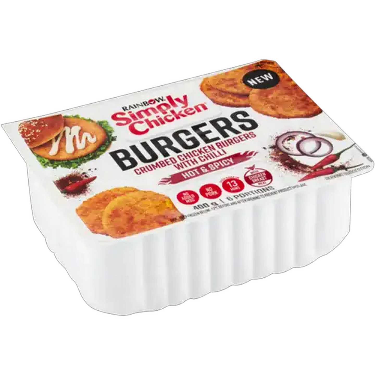 Image of RAINBOW Simply Chicken Frozen Hot & Spicy Crumbed Chicken Burgers 400g