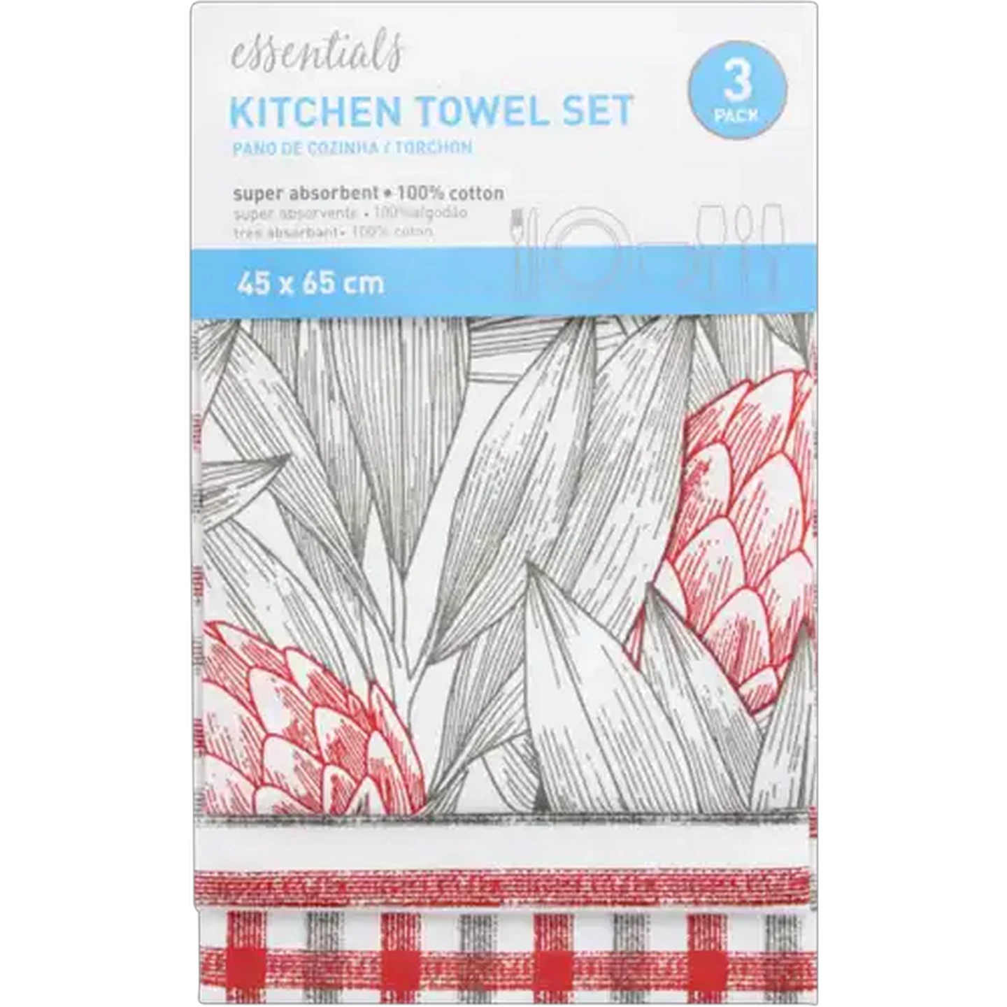 Image of Essentials Red & Grey Kitchen Towel Set 3-Pack (Colour May Vary)