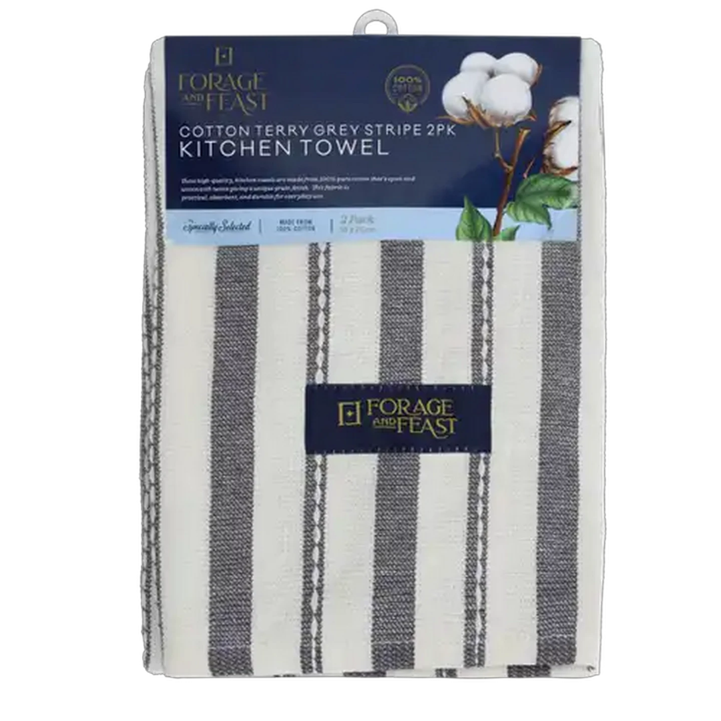 Image of Forage And Feast Cotten Terry Grey Stripe Kitchen Towel 50 x 75cm 2-Pack