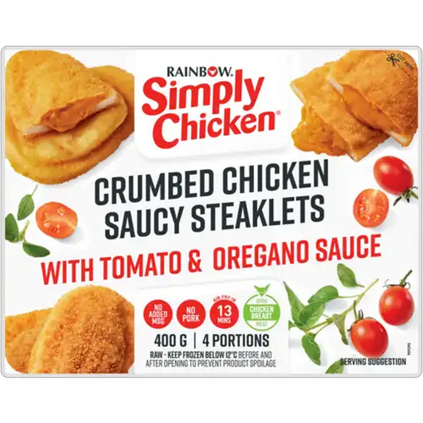 Image of RAINBOW Simply Chicken Frozen Crumbed Chicken Saucy Steaklets with Tomato & Oregano Sauce 4 Pack