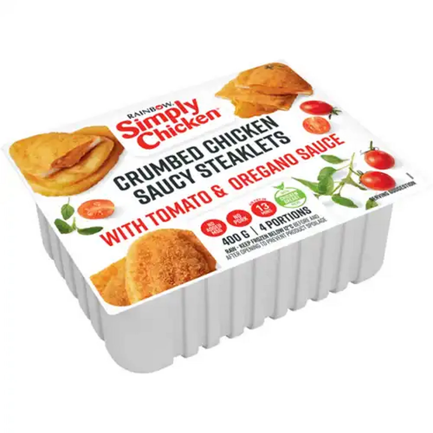 Image of RAINBOW Simply Chicken Frozen Crumbed Chicken Saucy Steaklets with Tomato & Oregano Sauce 4 Pack