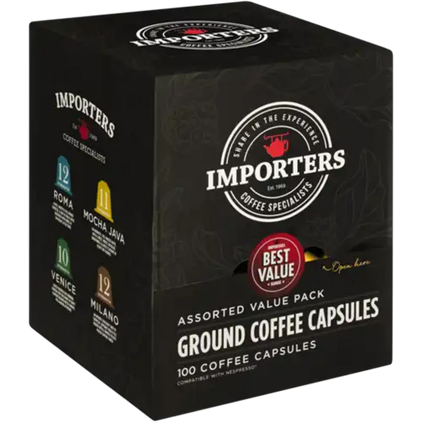 Image of Importers Assorted Ground Coffee Capsules 100 Pack
