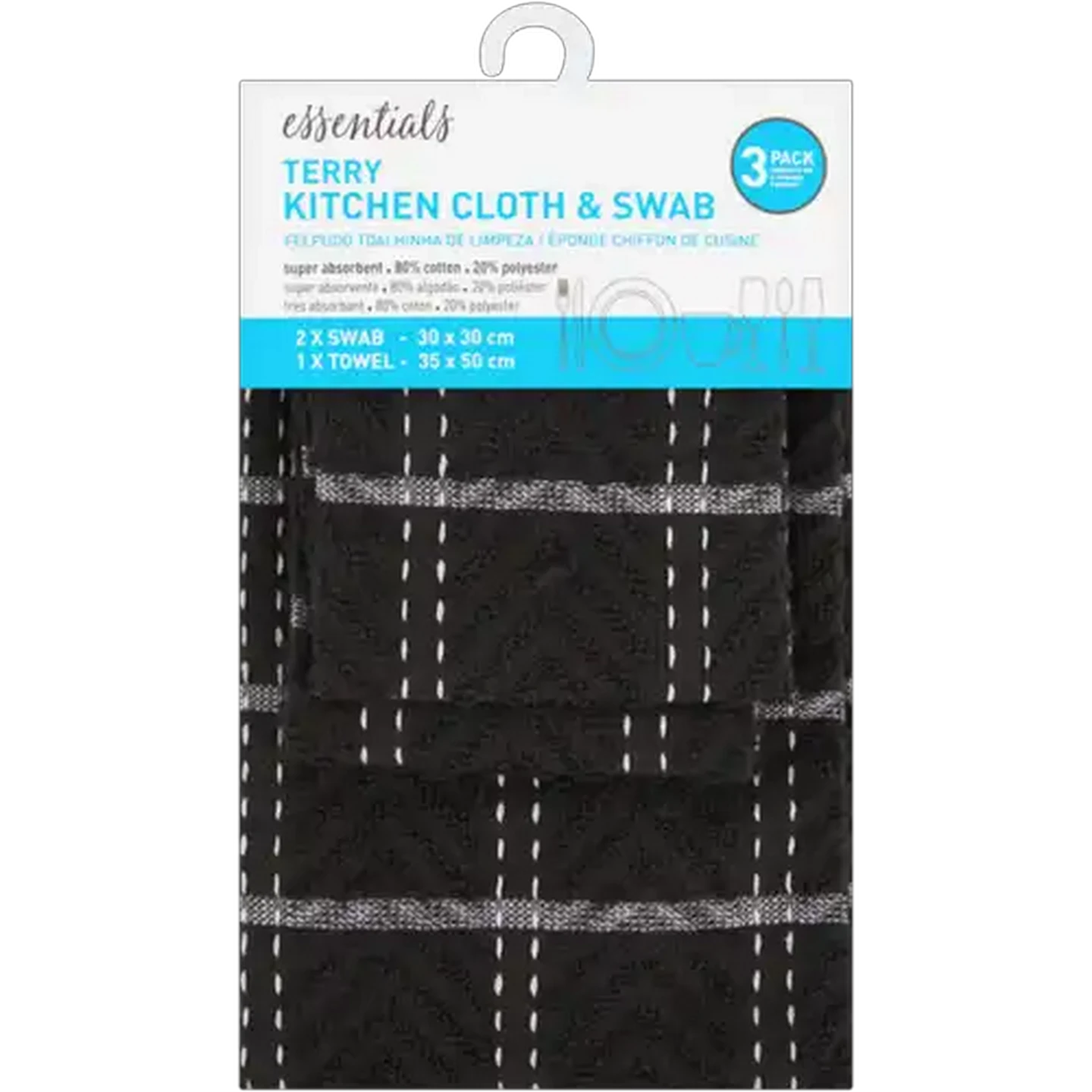 Image of Essentials Black Terry Kitchen Cloth & Swab 3 Piece