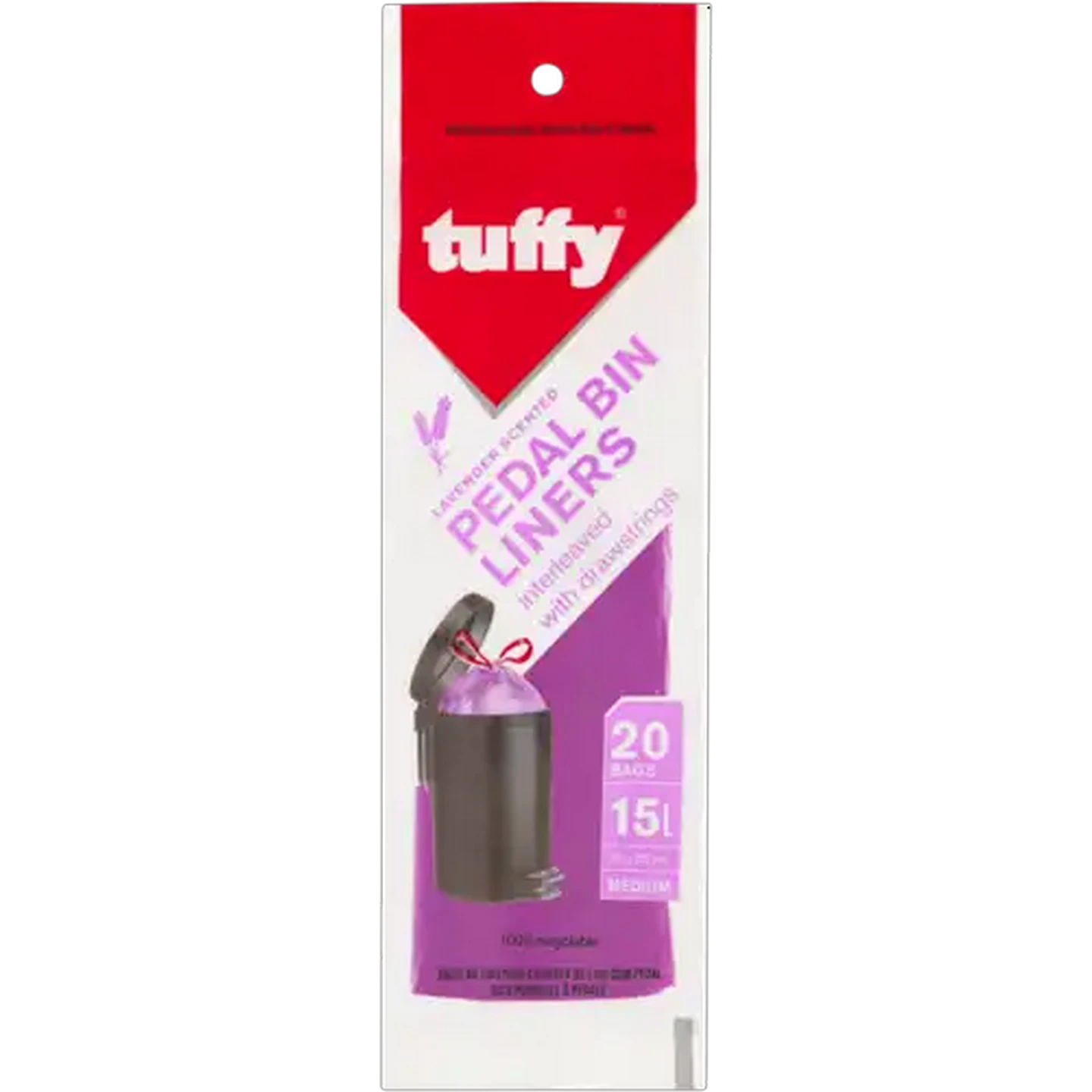 Image of Tuffy 20 Pack Lavender Scented Pedal Bin Liners With Tie Handles 465mm x 515mm