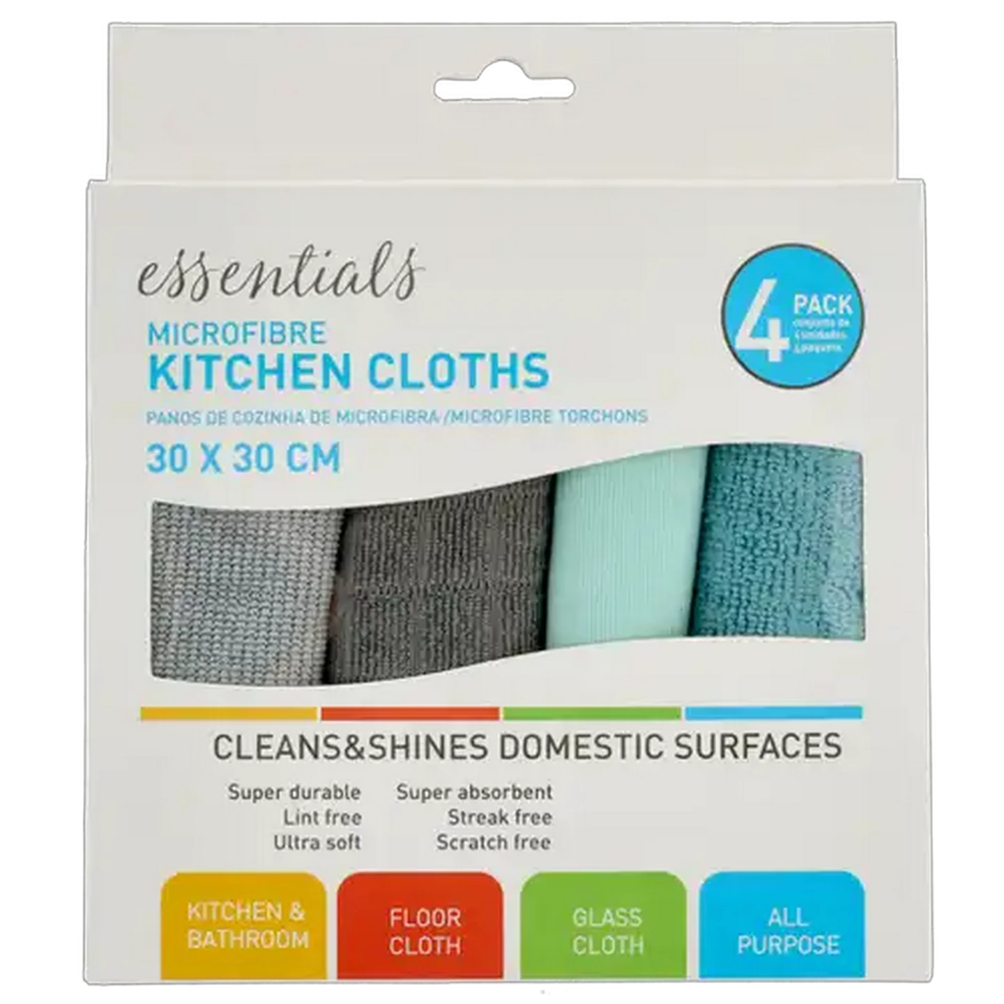 Image of Essentials Microfibre Kitchen Cloths 4-Pack (Colour May Vary)