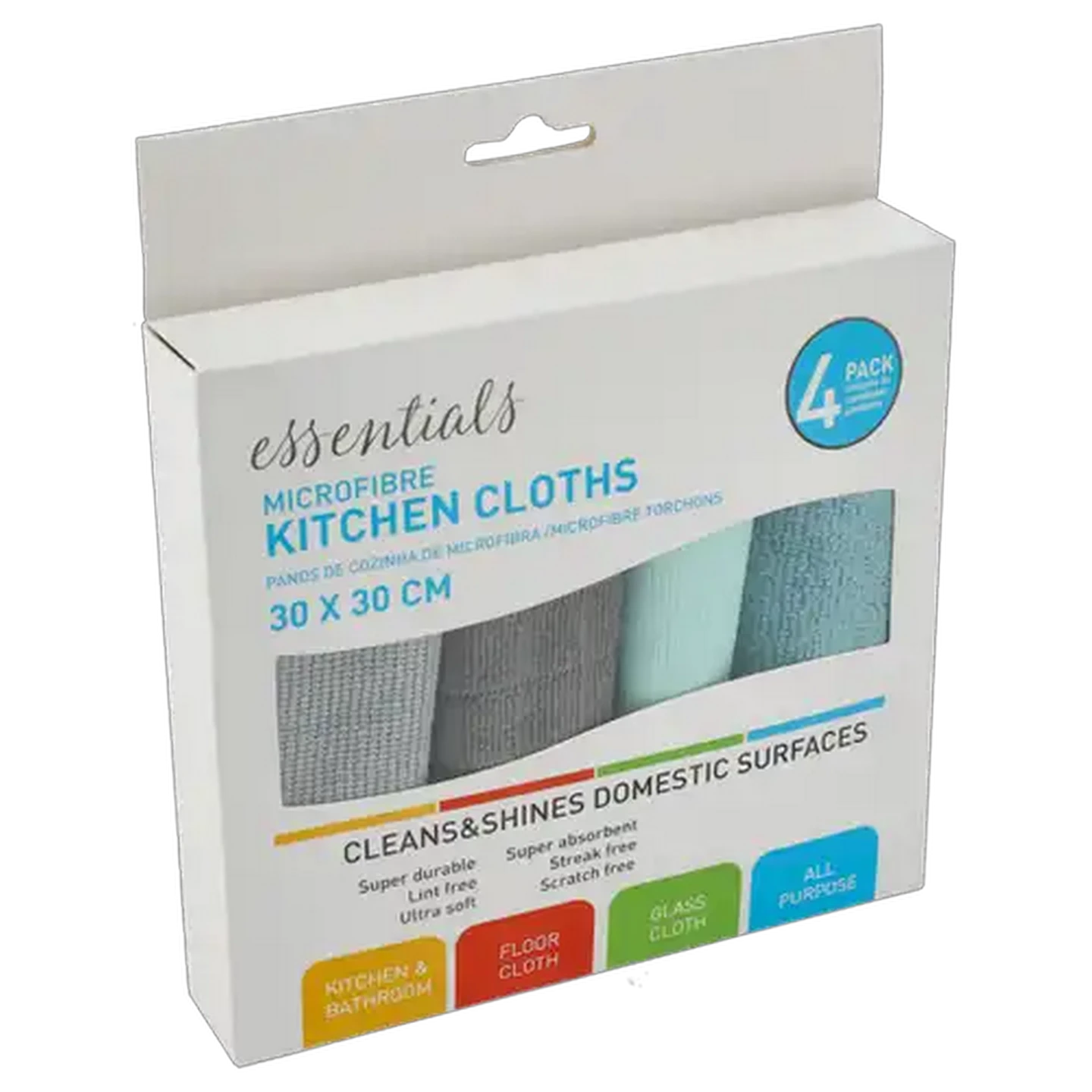 Image of Essentials Microfibre Kitchen Cloths 4-Pack (Colour May Vary)