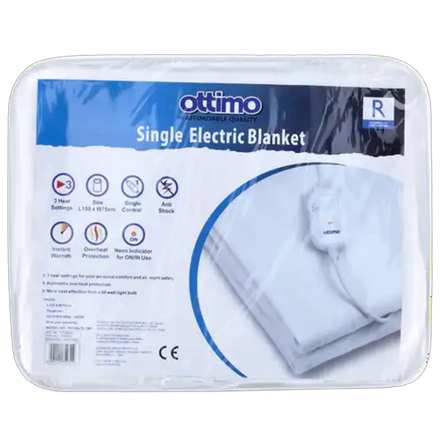 Image of Ottimo White Single Non-Fitted Electric Blanket 150cm x 75cm