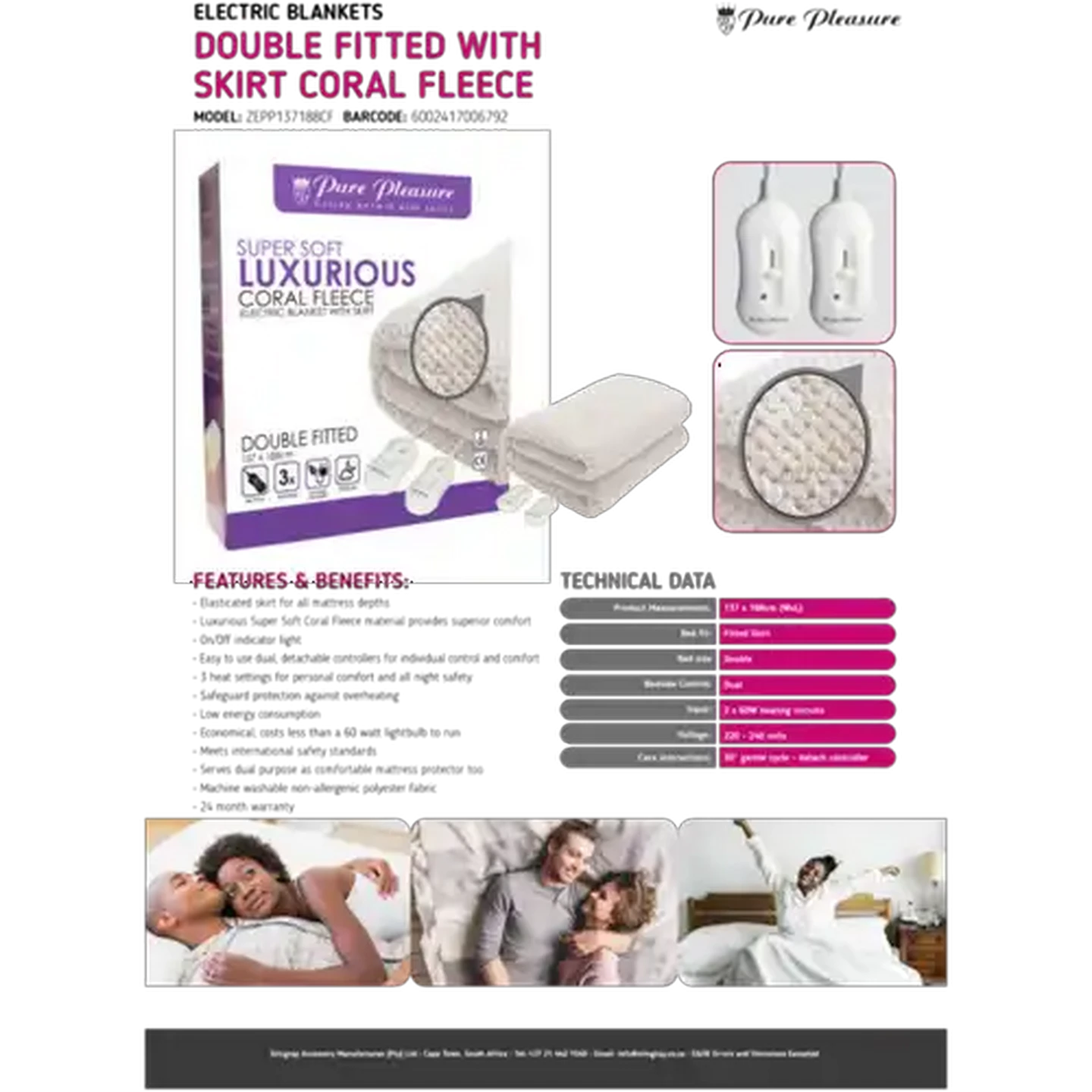 Image of Pure Pleasure Coral Fleece Fitted Electric Blanket - Double