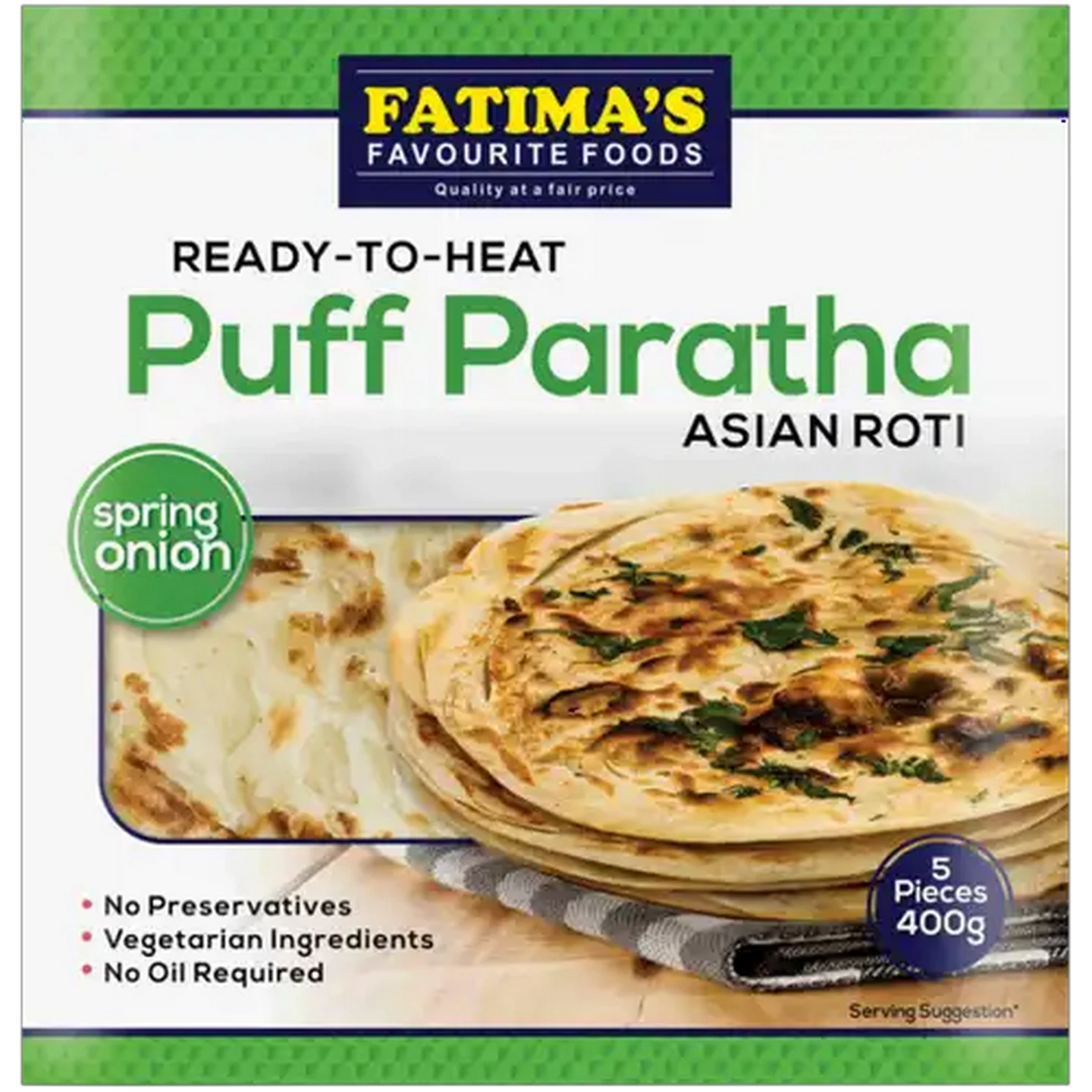 Image of Fatima's Favourite Foods Frozen Ready-To-Heat Spring Onion Flavoured Puff Paratha Asian Roti 400g