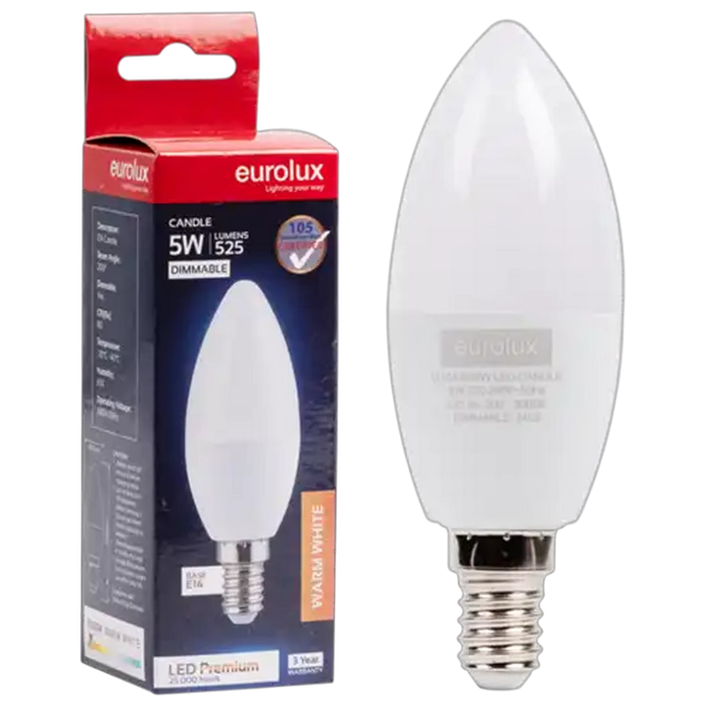 Image of Eurolux Warm White Dimmable E14 LED Opal Candle Screw-in Globe 5W
