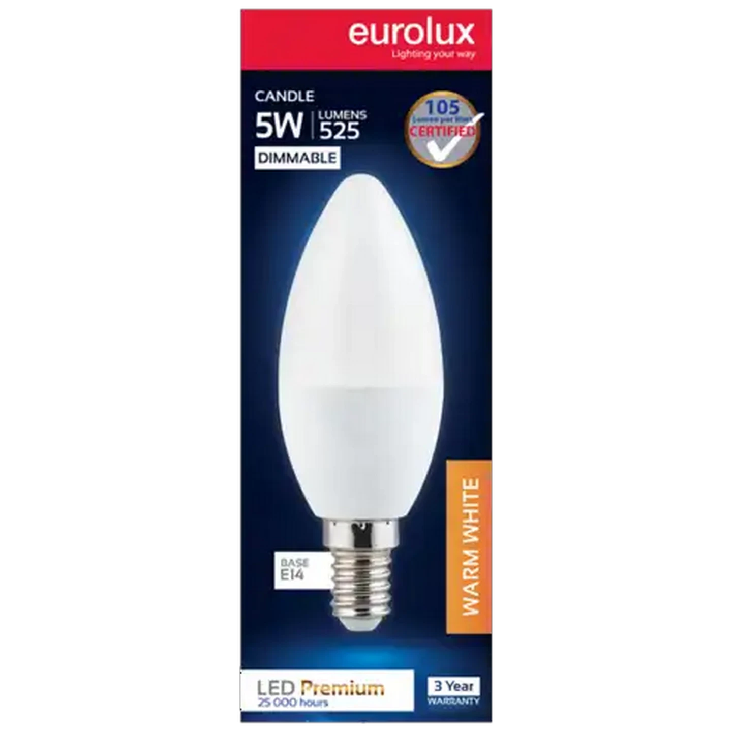 Image of Eurolux Warm White Dimmable E14 LED Opal Candle Screw-in Globe 5W