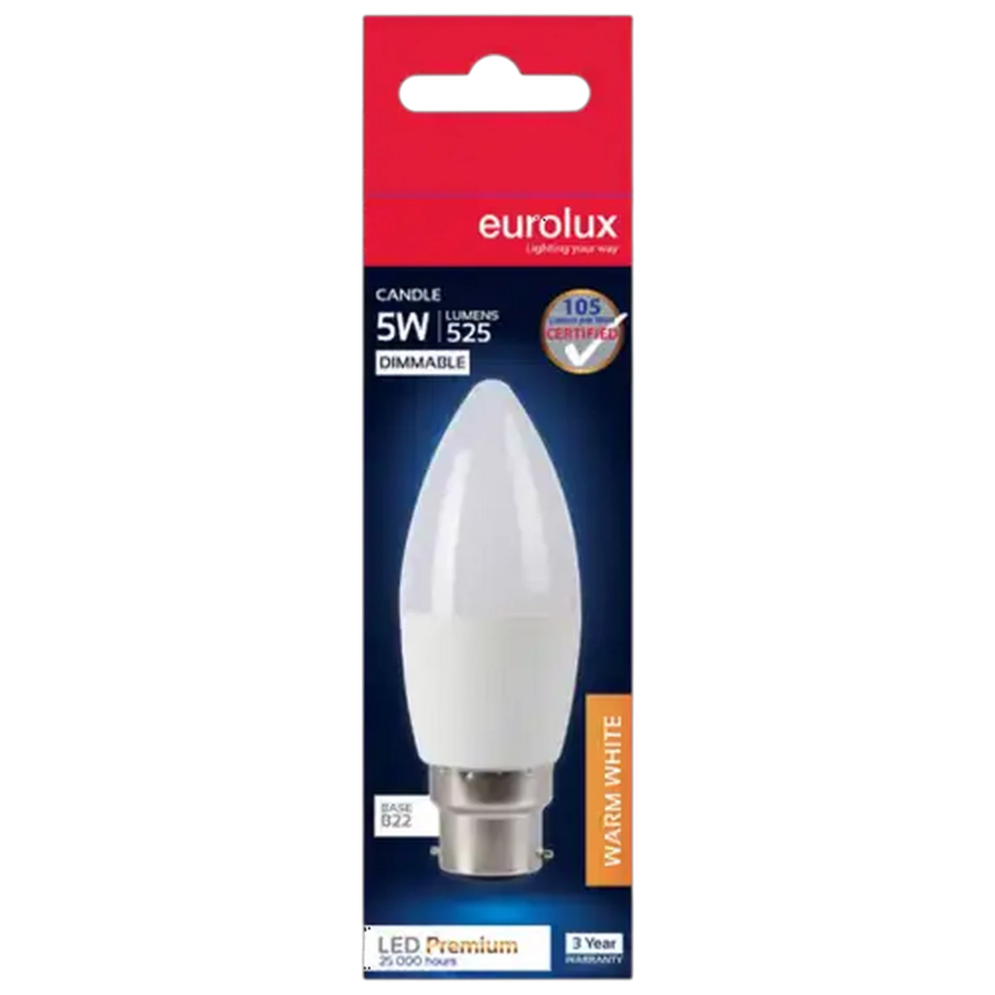 Image of Eurolux Warm White Dimmable B22 LED Opal Candle Screw-in Globe 5W