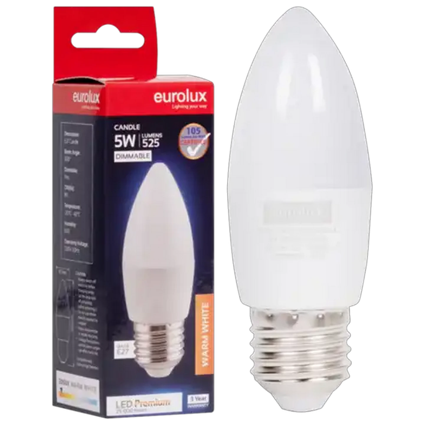 Image of Eurolux Warm White Dimmable E27 LED Opal Candle Screw-in Globe