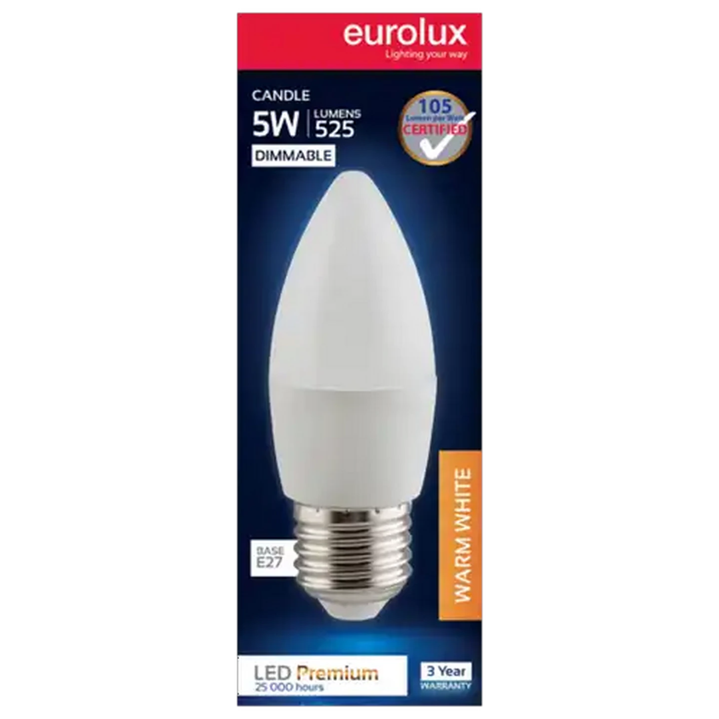 Image of Eurolux Warm White Dimmable E27 LED Opal Candle Screw-in Globe