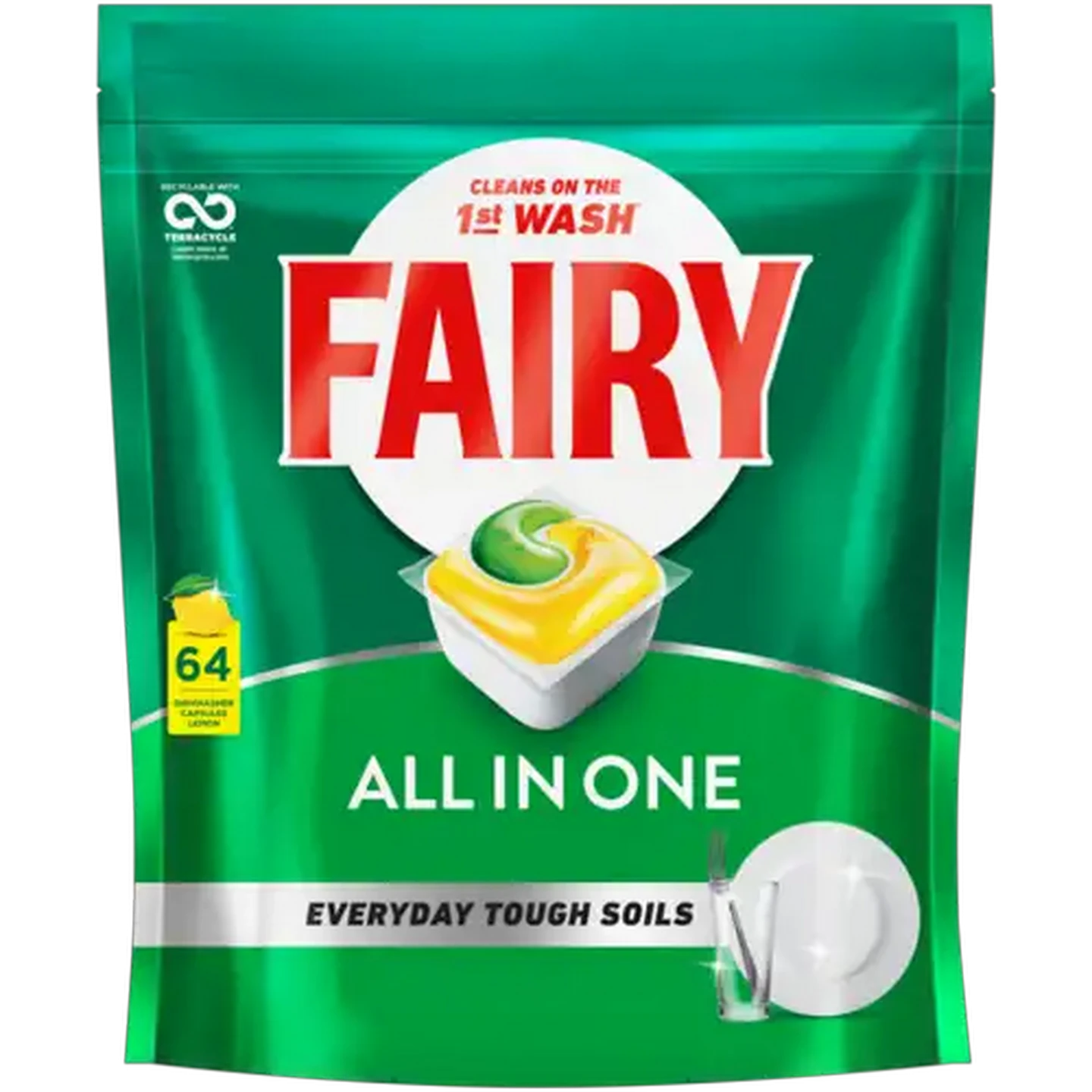Image of Fairy All In One Lemon Dishwasher Capsules 64 Pack