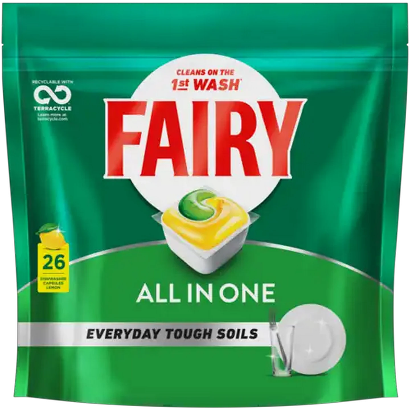 Image of Fairy All In One Lemon Dishwasher Capsules 26 Pack