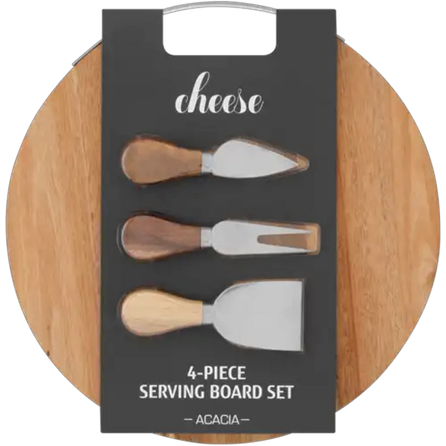 Image of Stainless Steel Cheese Knife & Round Wooden Serving Board Set 4-Piece