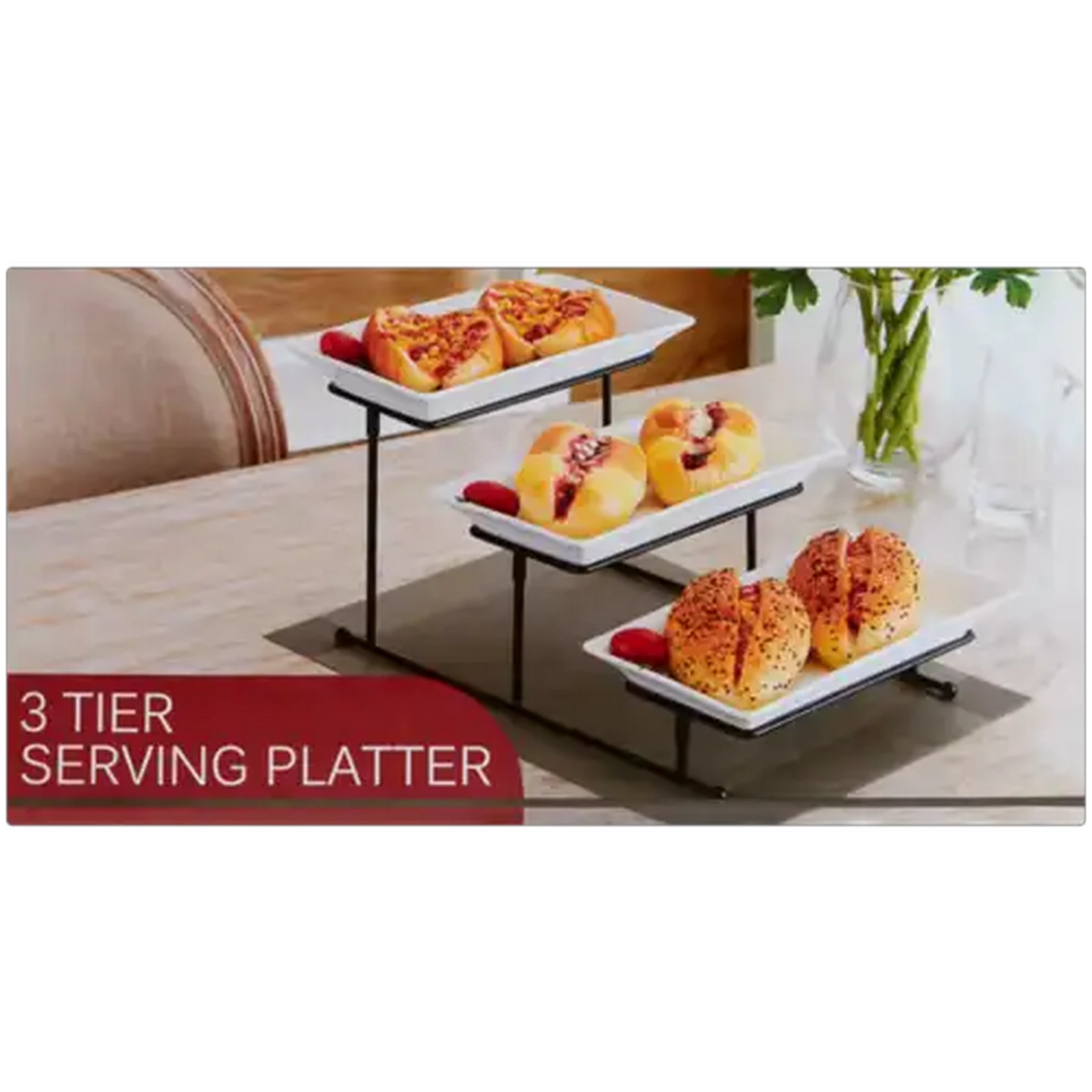 Image of White Porcelain 3-Tier Rectangular Serving Platter Set 4-Piece