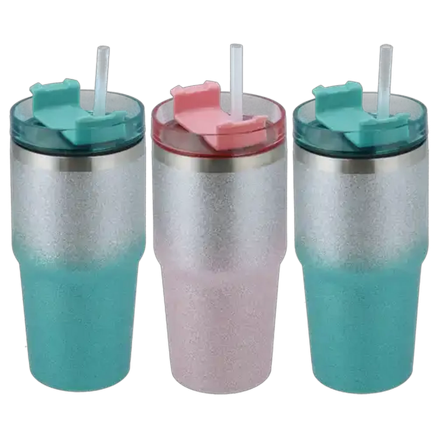 Image of Stainless Steel Glitter Travel Mug with Straw 600ml (Colour May Vary)
